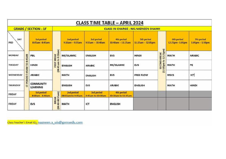 1f Class Time Table Updated | PDF