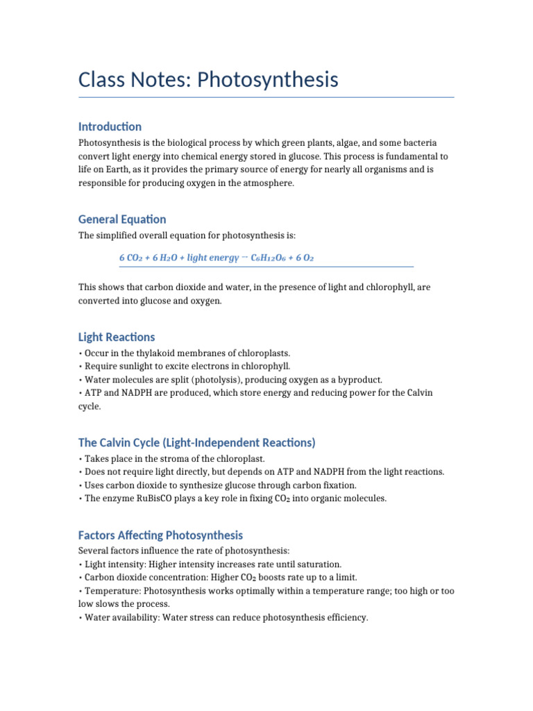 Photosynthesis Class Notes | PDF