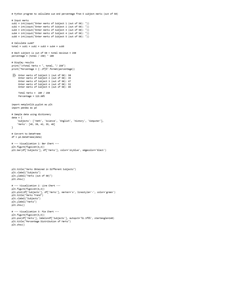Calculate Marks and Percentage in Python | PDF