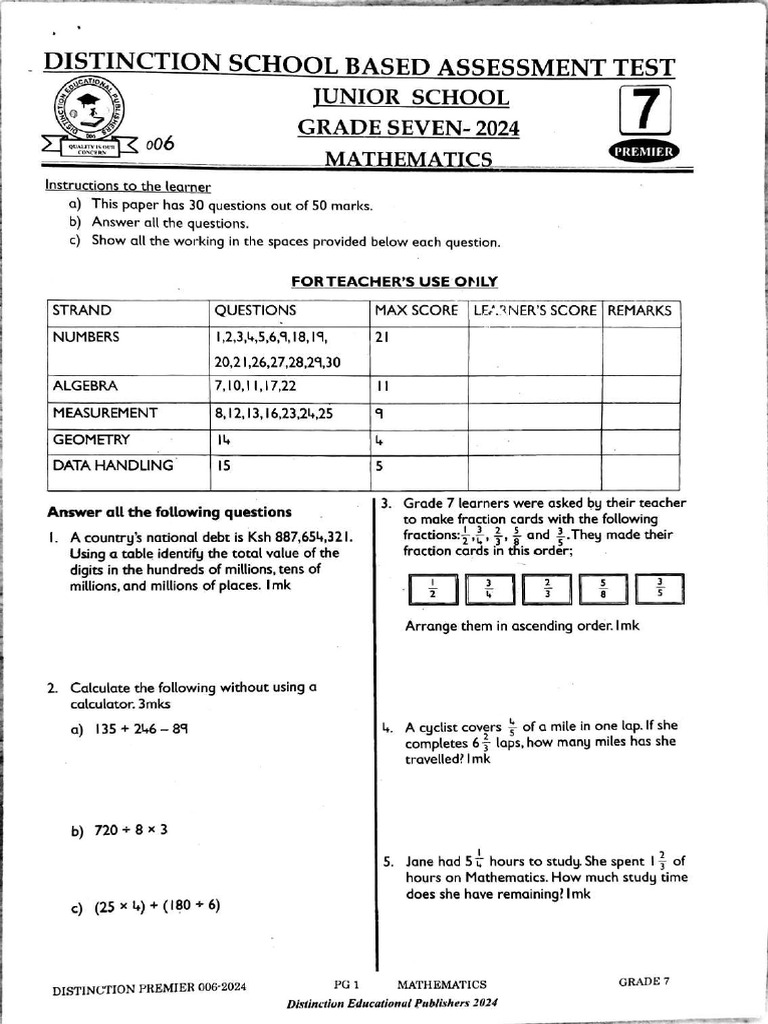 Grade 7 KJSEA 006 Distinction Junior School Based Assessment All Subjects  With Marking Scheme PDF | PDF