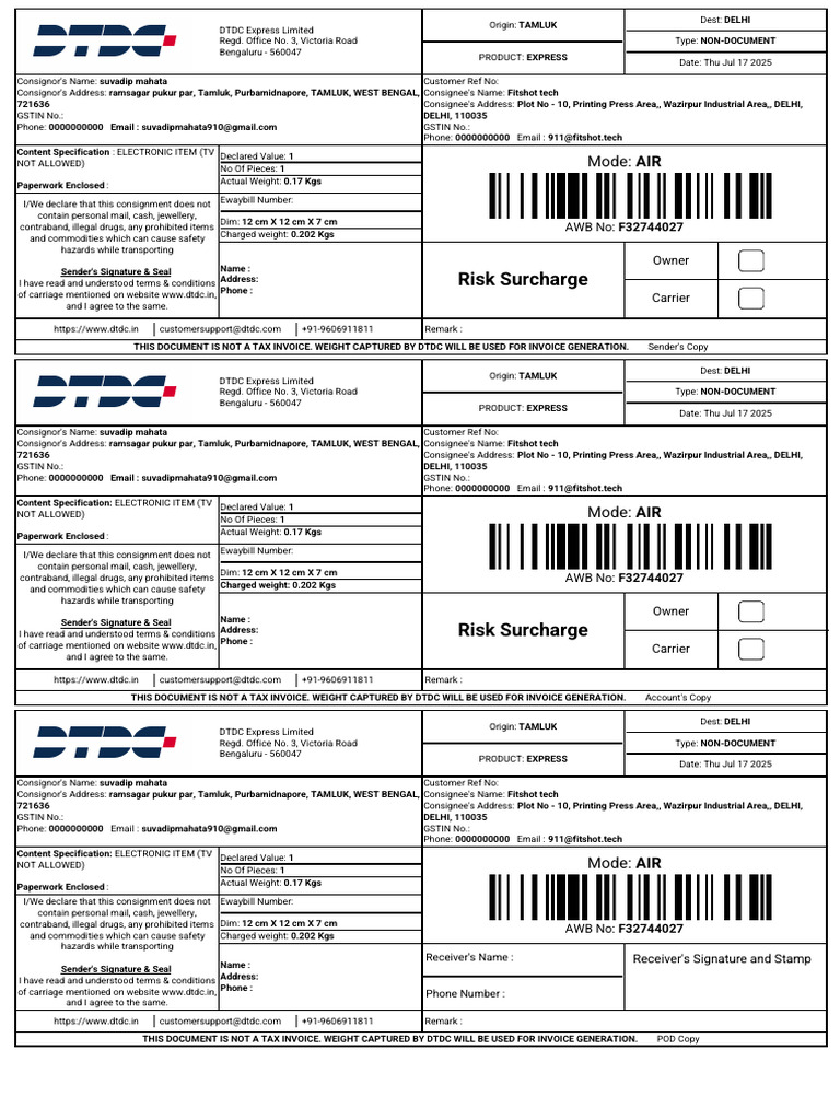 DTDC Express Shipment Details: Tamluk to Delhi | PDF | Mail