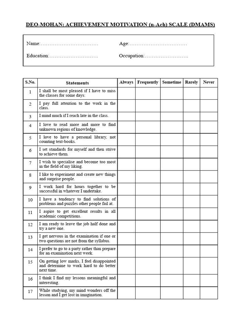 DMAMS: Achievement Motivation Scale | PDF