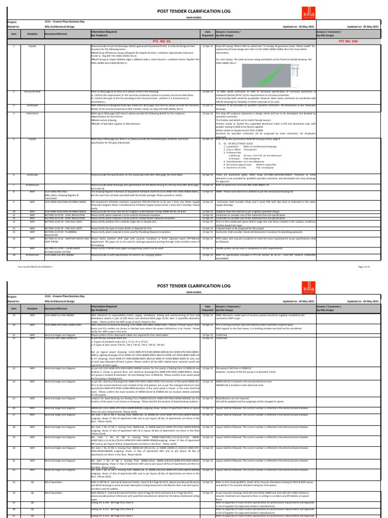 Post Tender Clarification Log for Crowne Plaza | PDF | Thermal ...