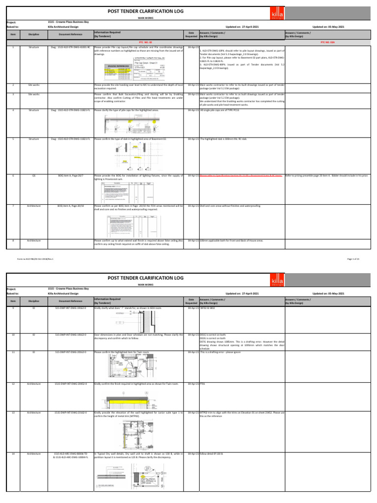 Post Tender Clarification Log: Crowne Plaza | PDF | Wall | Real Estate