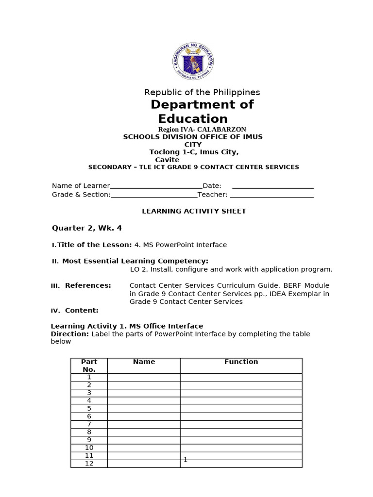 Grade 9 MS PowerPoint Activity Sheet | PDF