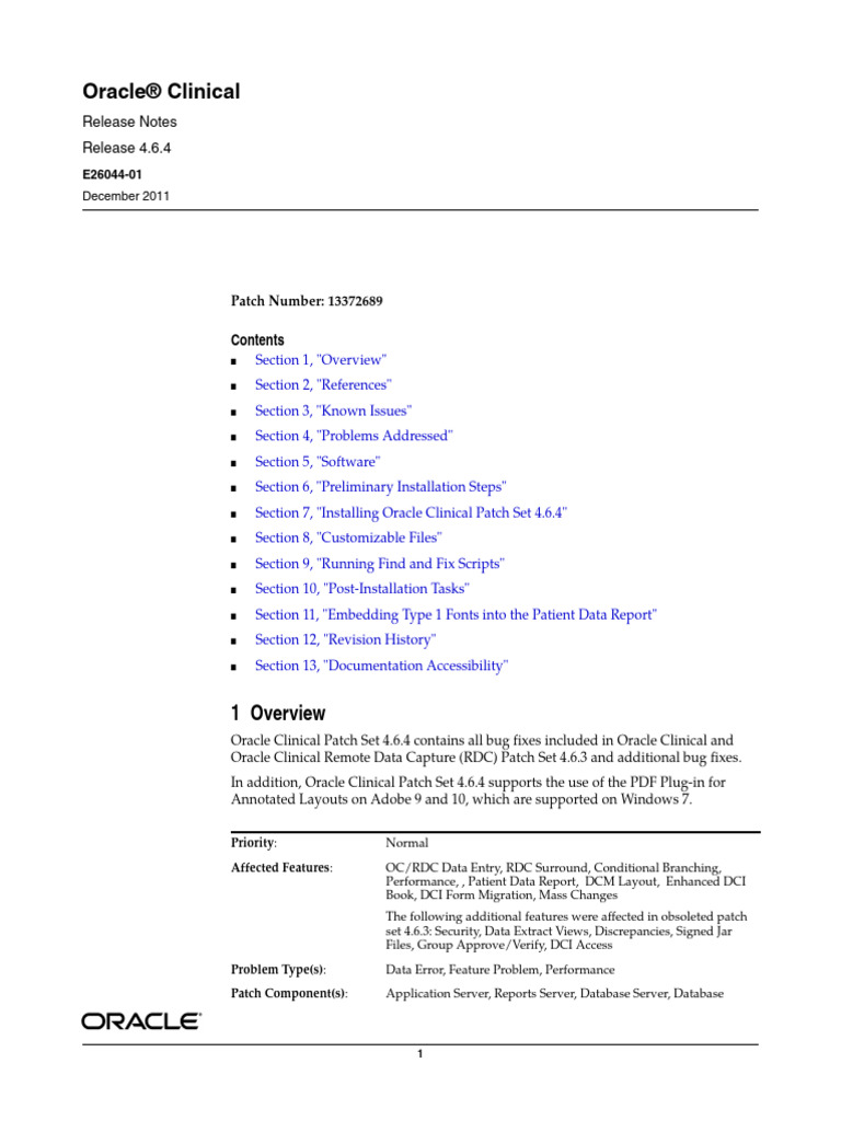 Oracle Clinical 4.6.4 Release Notes | PDF | Databases | Software Bug