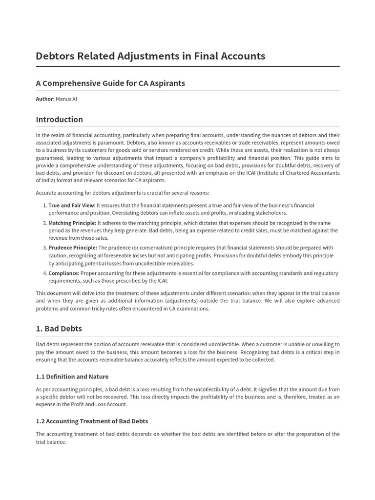 Debtors Adjustments in Final Accounts | PDF | Bad Debt | Debits And Credits