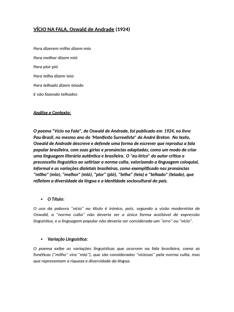 Vício na Fala: Poema de Oswald de Andrade | PDF