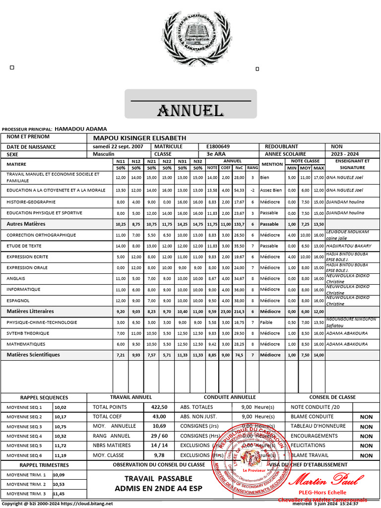Bulletin de notes annuel 2023-2024 | PDF