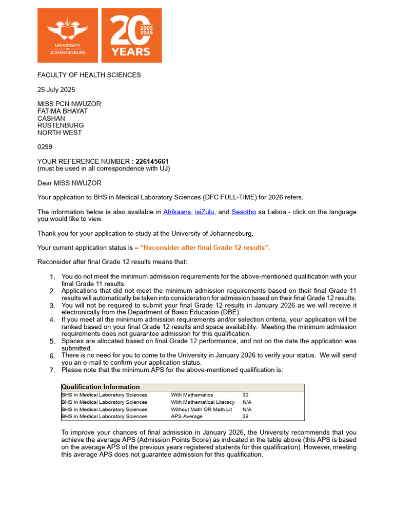 UJ Medical Lab Sciences Application Status | PDF