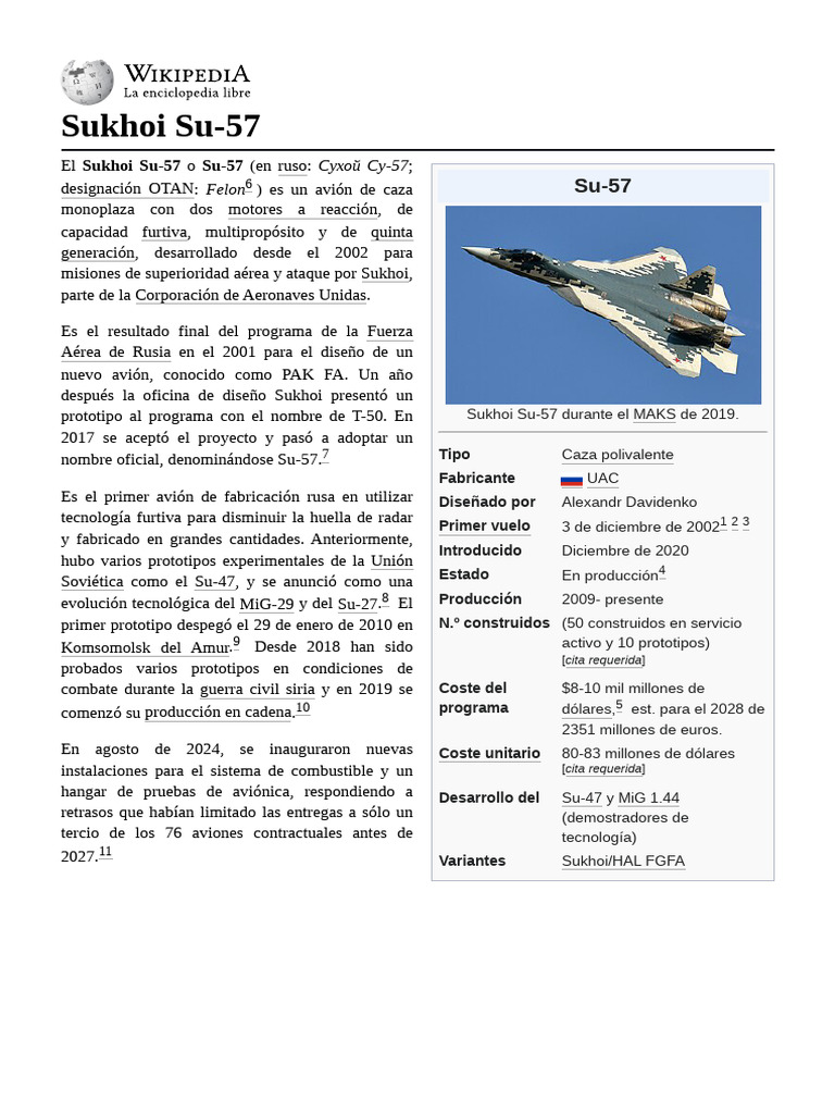 Sukhoi Su-57: Caza de Quinta Generación | PDF | Bombardeo | Avión de ...