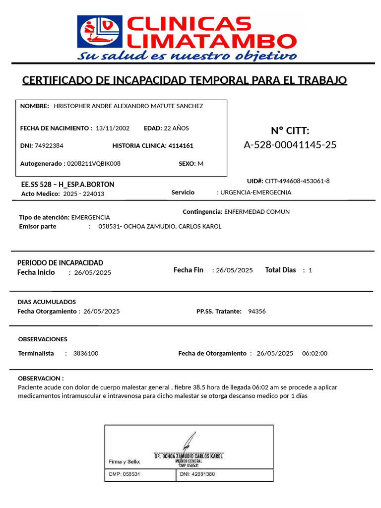 Certificado de Incapacidad Temporal 1 Día | PDF