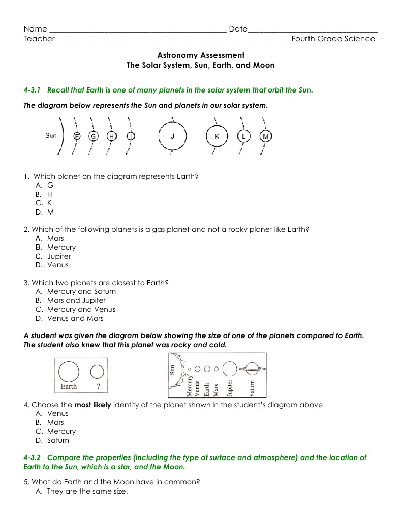 Astronomy Assessment Solar System Sun Moon Earth Planets