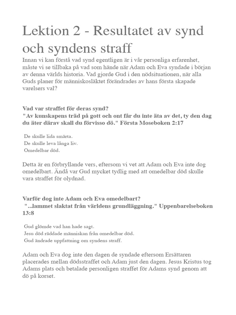 Lektion 2 Resultatet Av Synd Och Syndens Straff | PDF