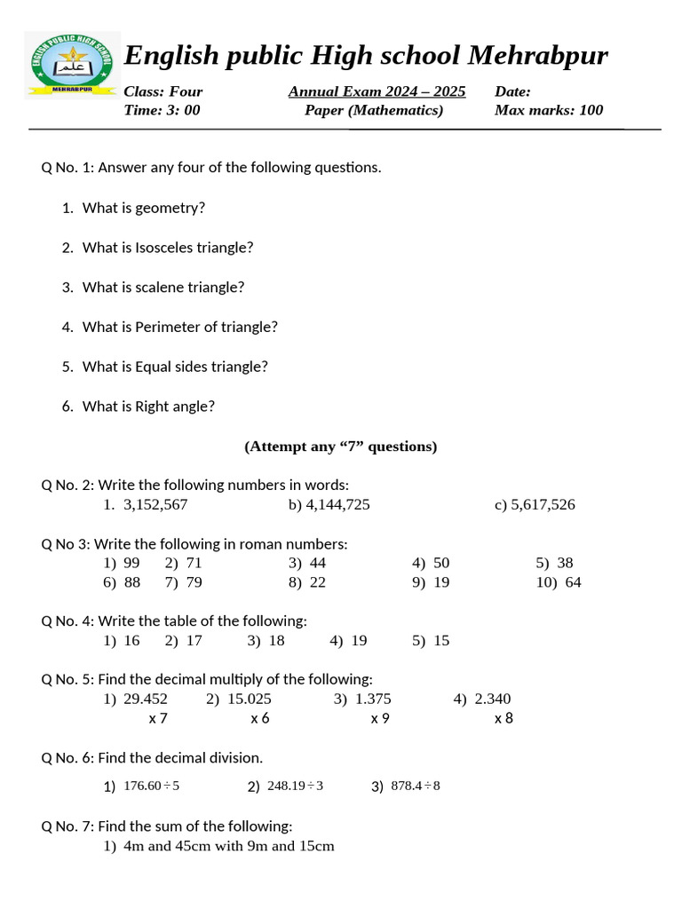 2024-2025 Math Exam for Class Four | PDF | Elementary Mathematics ...