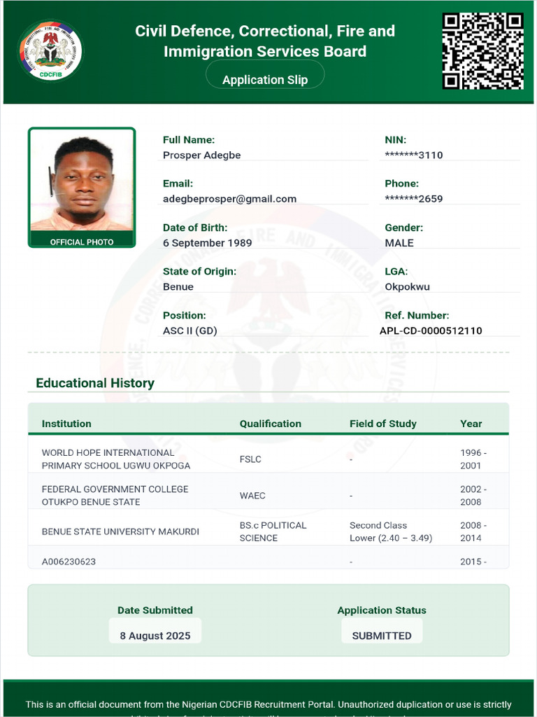 Prosper Uloko Adegbe Application Slip | PDF