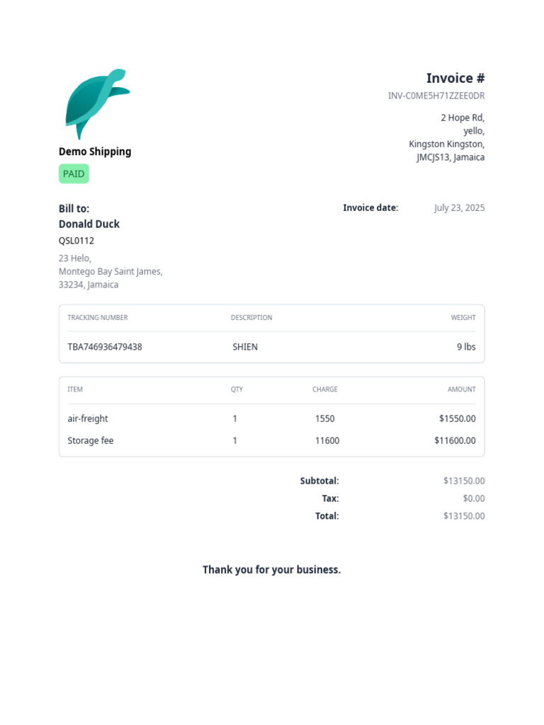 Invoice for Shipping Services - July 2025 | PDF