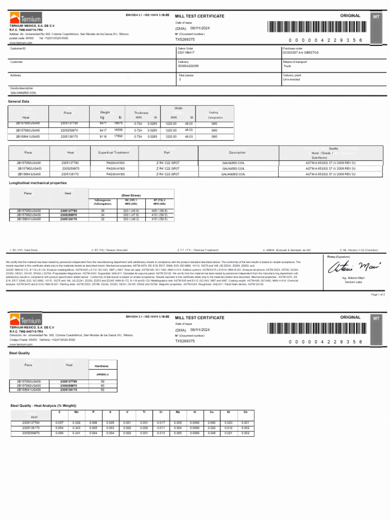 EN10204 3.1 Mill Test Certificate | PDF | Materials Science ...