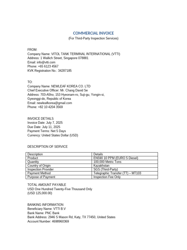 VTTI Invoice July 2025 | PDF
