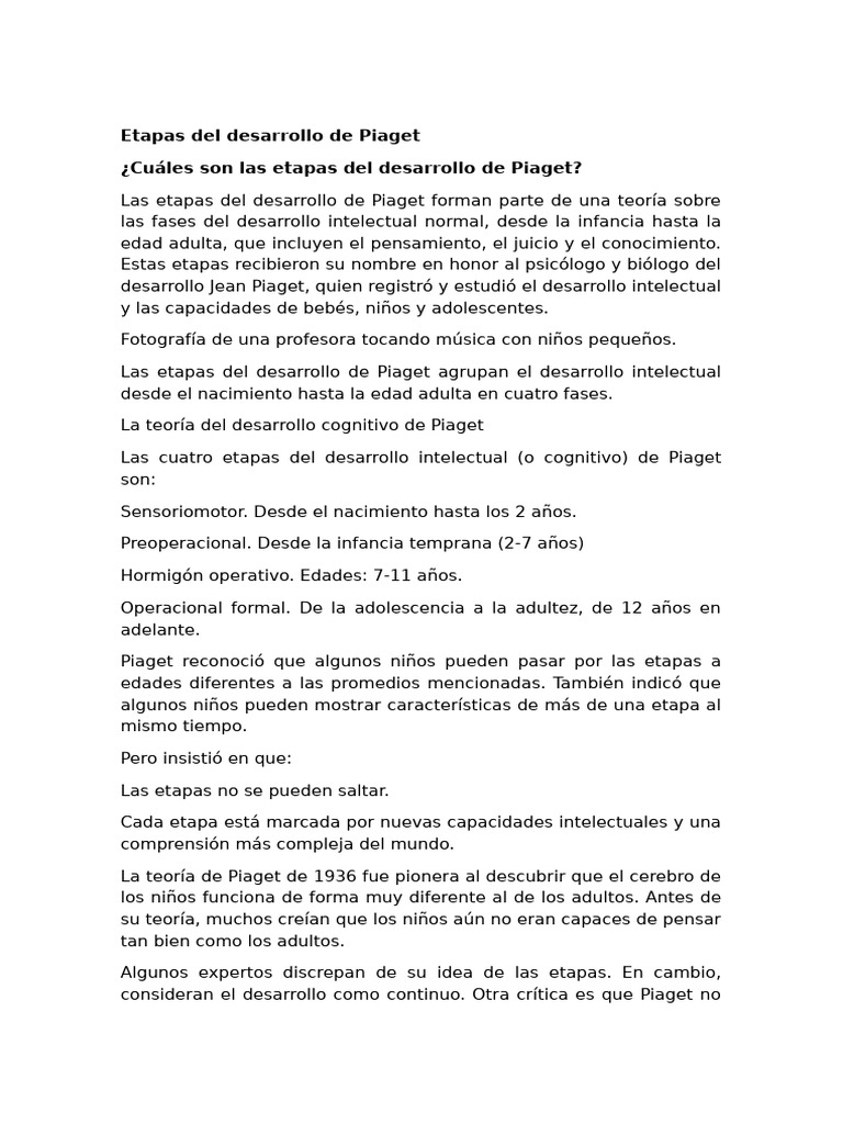 Etapas del desarrollo cognitivo de Piaget | PDF | Pensamiento | Adultos