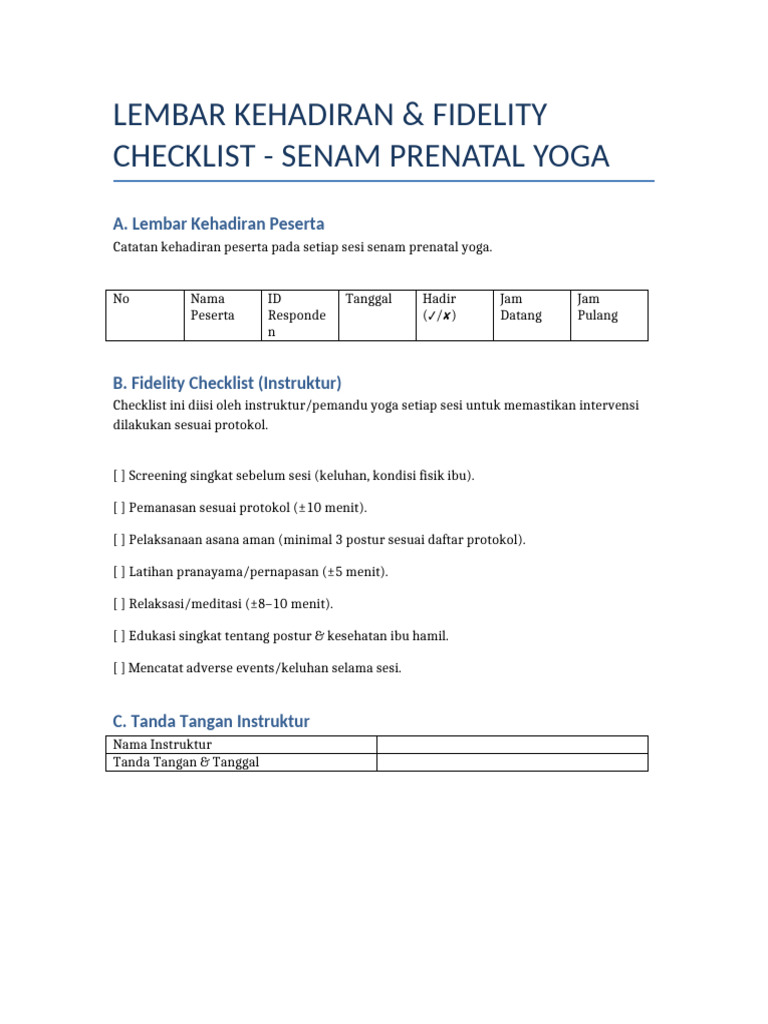 Lembar Kehadiran Fidelity Checklist | PDF
