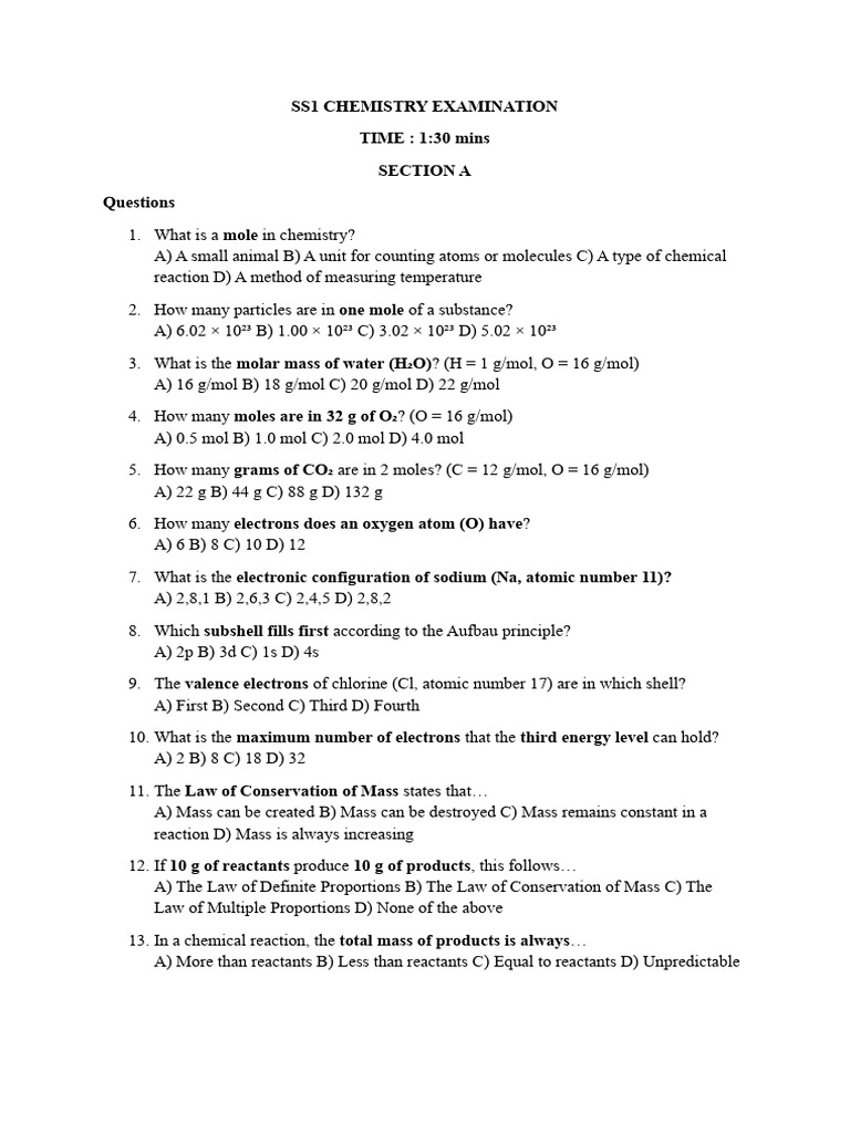 SS1 Chemistry Exam Questions and Answers | PDF | Mole (Unit) | Chemistry
