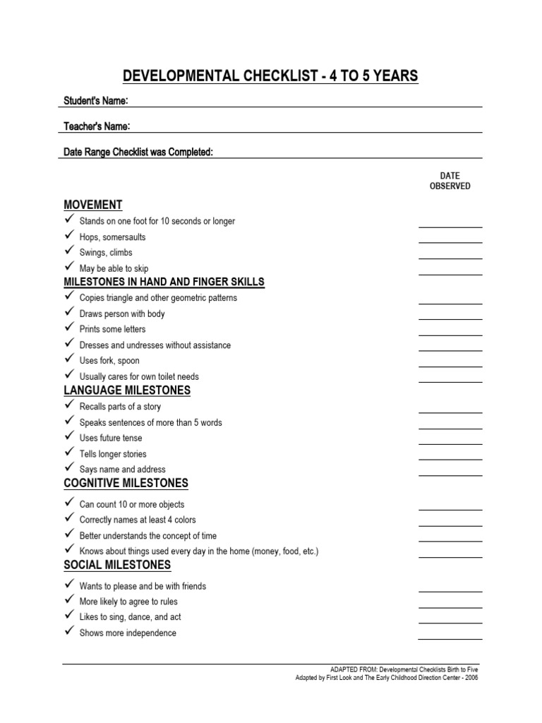 4 To 5 Year Developmental Checklist | PDF | Imitation | Linguistics