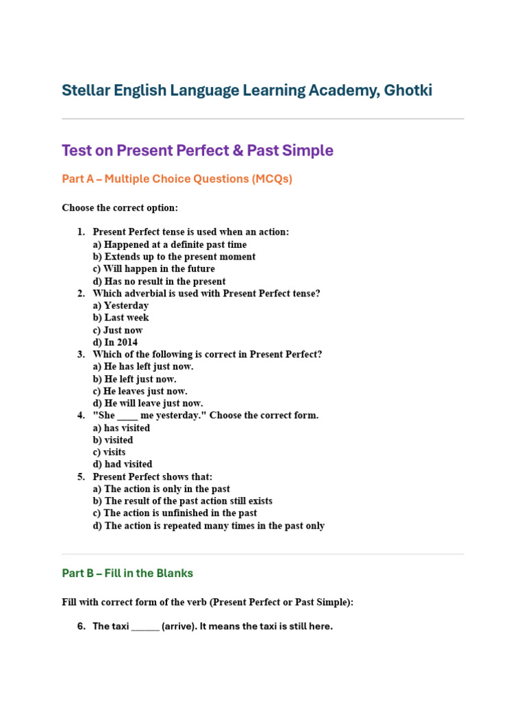 Present Perfect & Past Simple Test | PDF