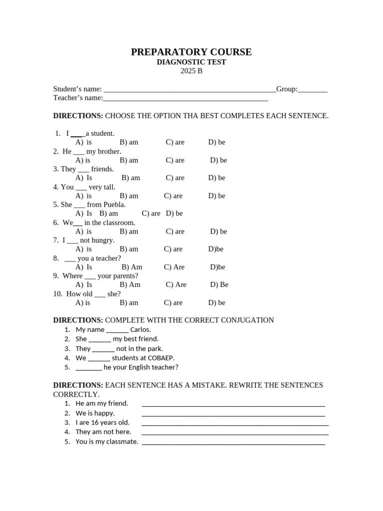 Preparatory Course Diagnostic Test | PDF