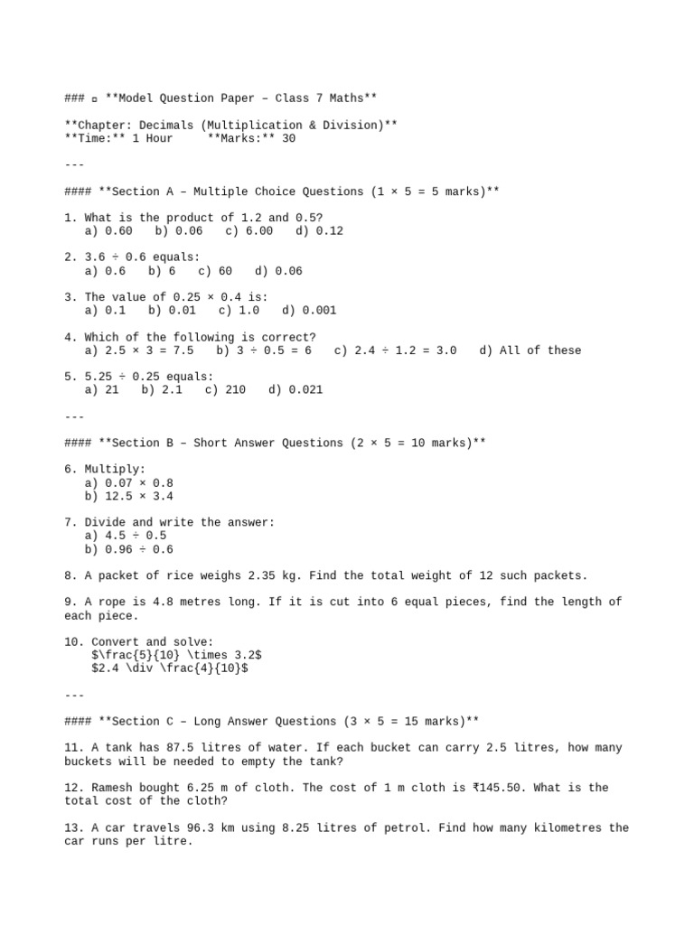 Class 7 Decimals Question Paper | PDF