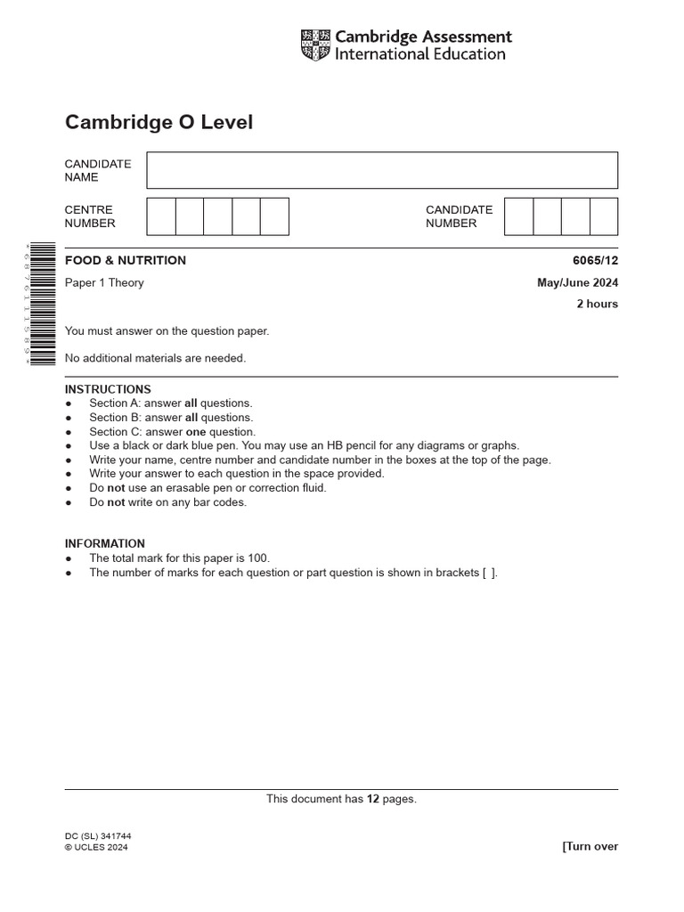 Cambridge O Level: Food & Nutrition 6065/12 | PDF | Fat ...