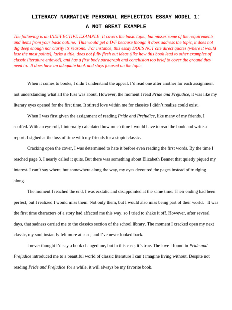 Literacy Narrative Essay Model 1, A Poor Example1 | PDF | Pride And ...