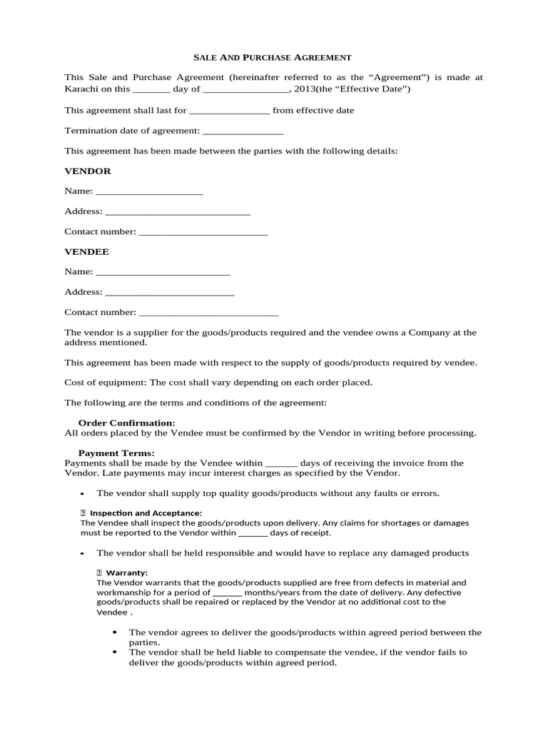 Vendor Vendee Agreement Regarding Sale and Purchase | PDF | Receipt ...