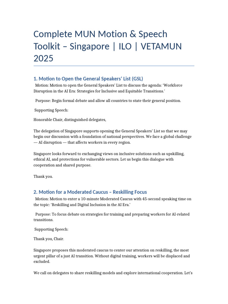 Complete MUN Motion and Speech Toolkit Singapore ILO | PDF | Artificial ...
