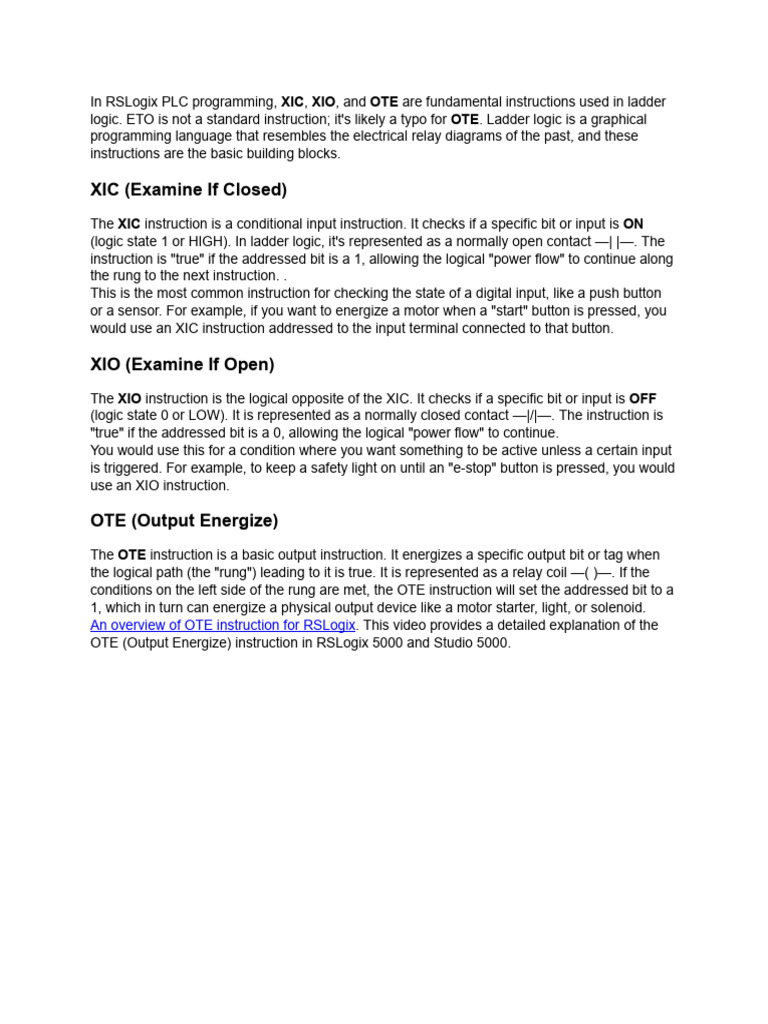 XIC, XIO, and OTE Instructions in PLC | PDF