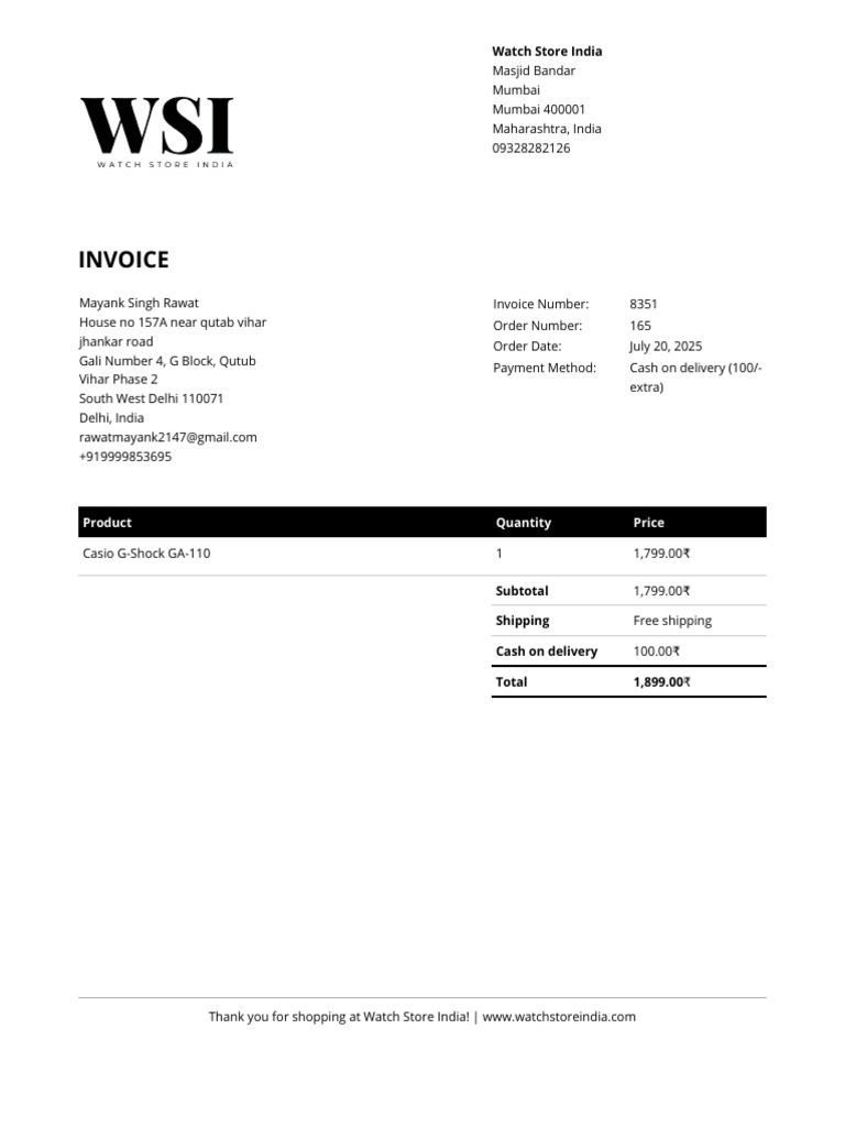 Invoice for Casio G-Shock Purchase | PDF