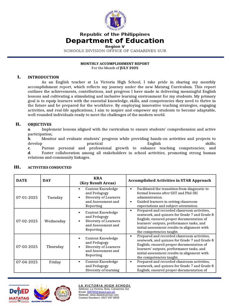 July 2025 English Teaching Report | PDF | Learning | Intelligence