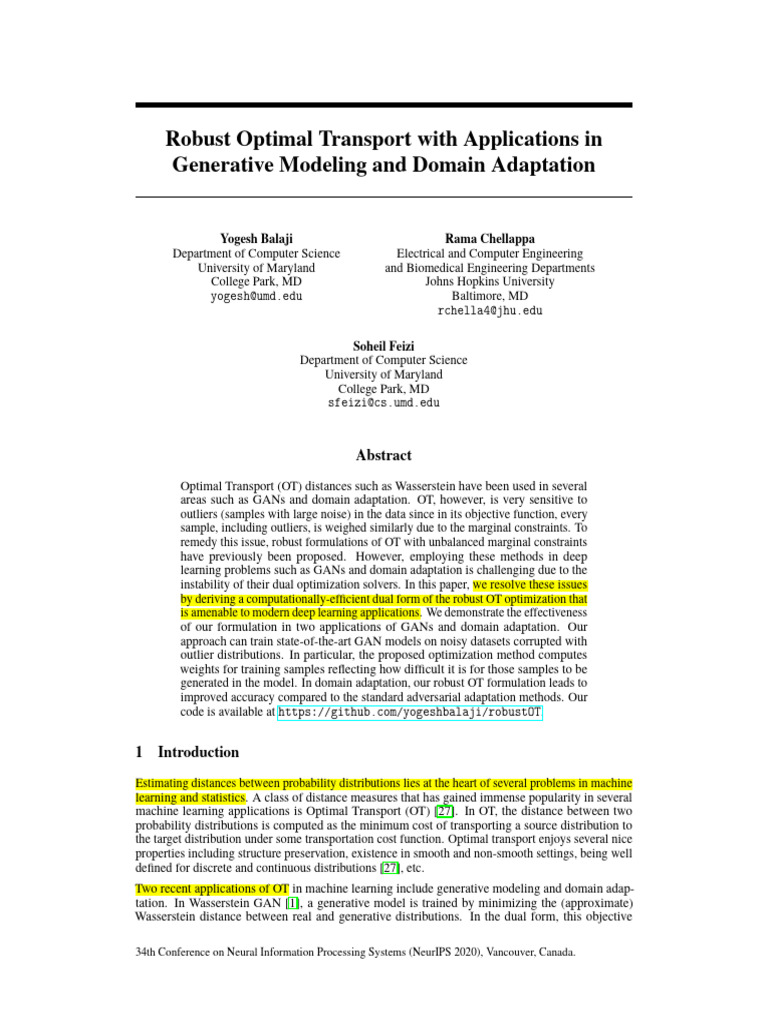 Robust Optimal Transport for GANs & Adaptation | PDF | Outlier | Robust ...