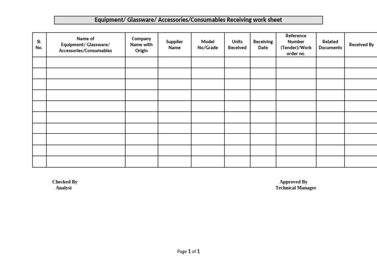 Equipment Receiving Worksheet Template | PDF