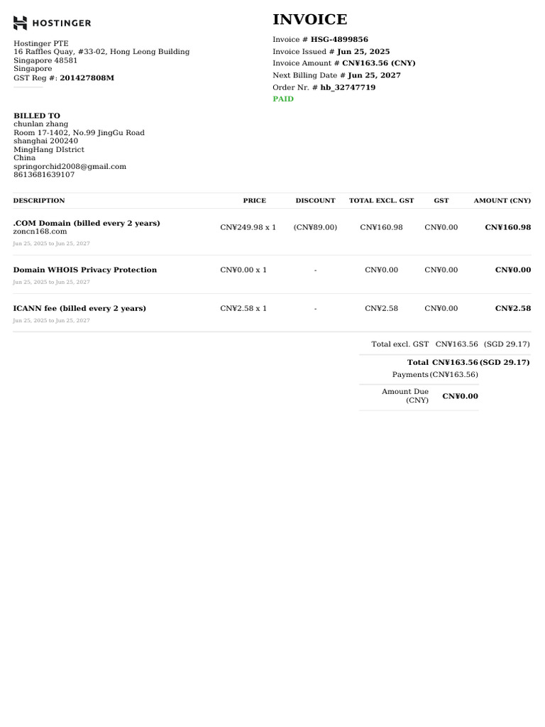 Hostinger Invoice HSG-4899856 Details | PDF