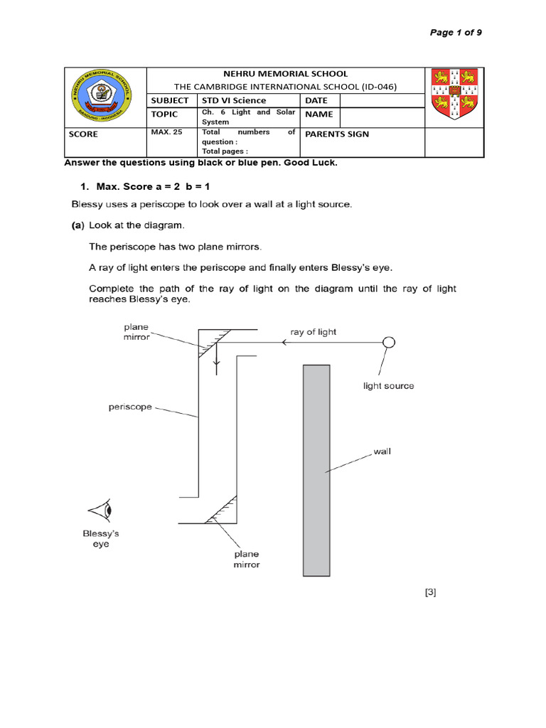 STD VI Science: Light & Solar System Test | PDF