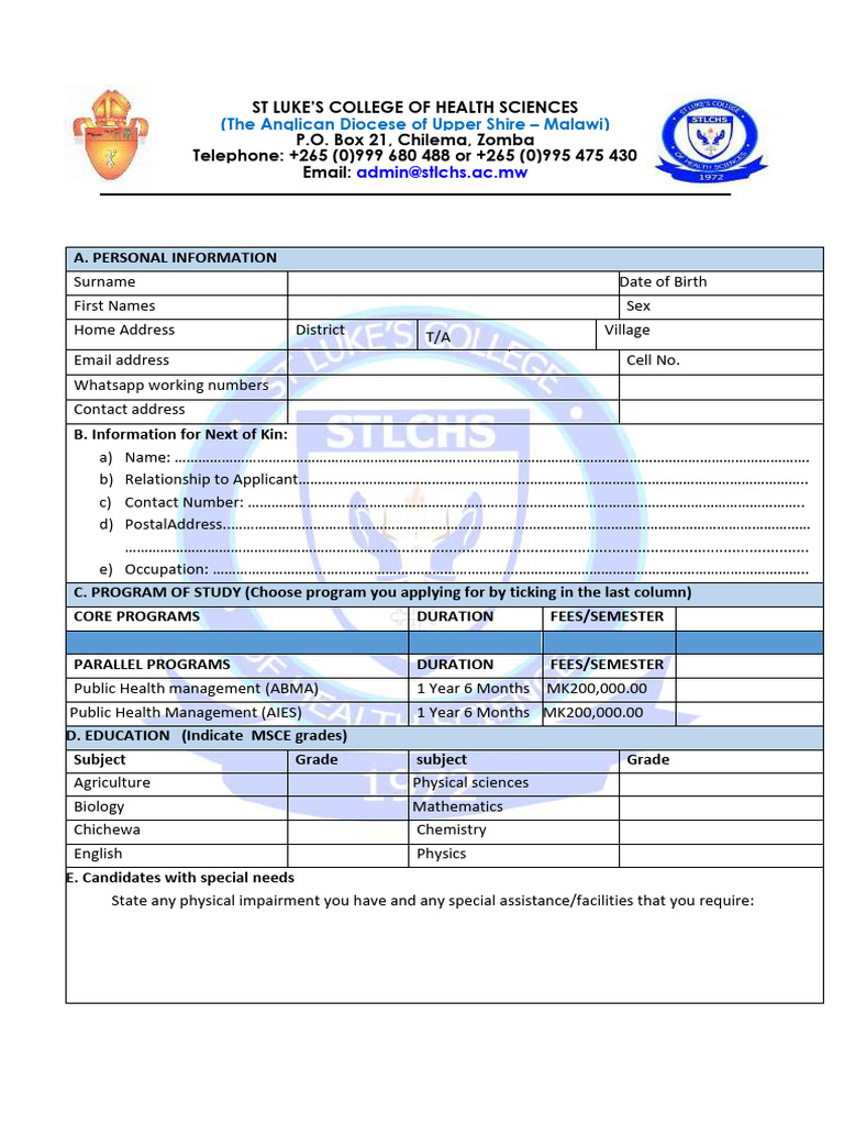 St Luke's College 2025 Application Form | PDF