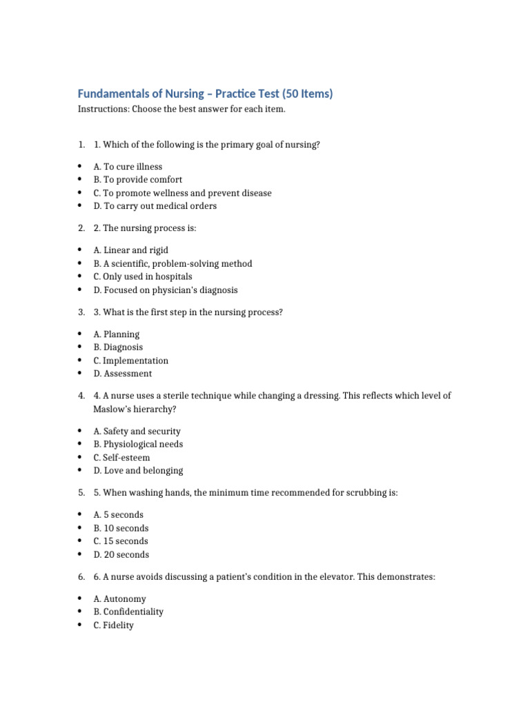 Nursing Fundamentals Practice Test | PDF | Nursing | Medical Diagnosis