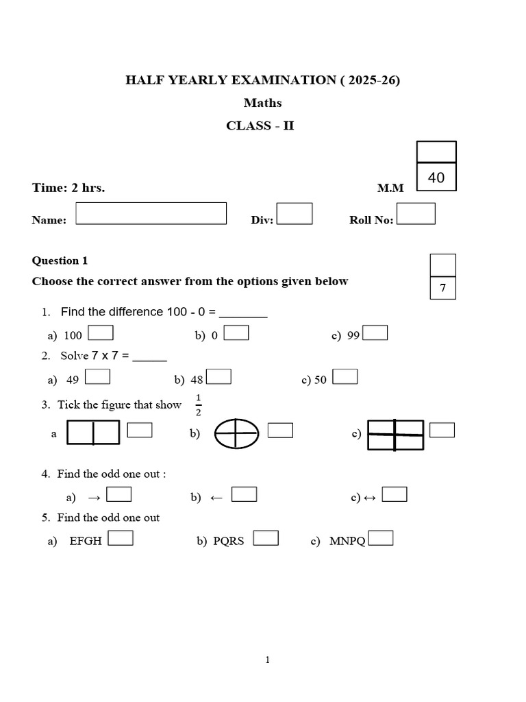Class II Maths Half-Yearly Exam 2025-26 | PDF | Mathematics