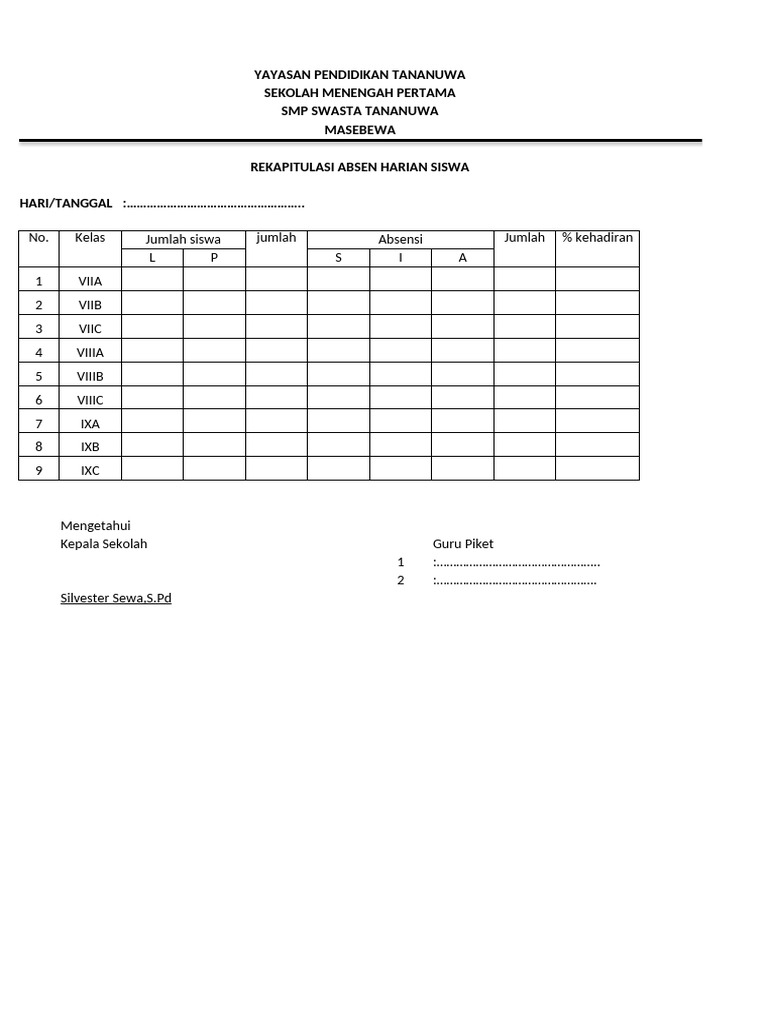 Rekap Absensi Siswa SMP Tananuwa | PDF