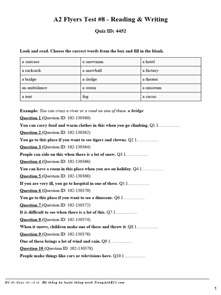 A2 Flyers Reading & Writing Test 8 | PDF