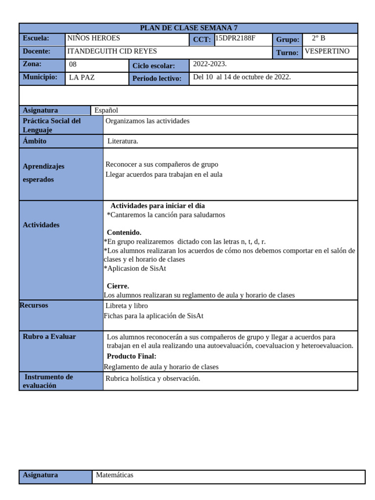 Plan de Clase 2° B: Actividades Semanal | PDF | Salón de clases ...
