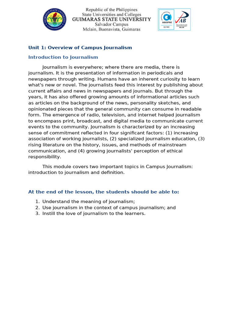 Introduction to Campus Journalism | PDF | Journalism | Mass Media