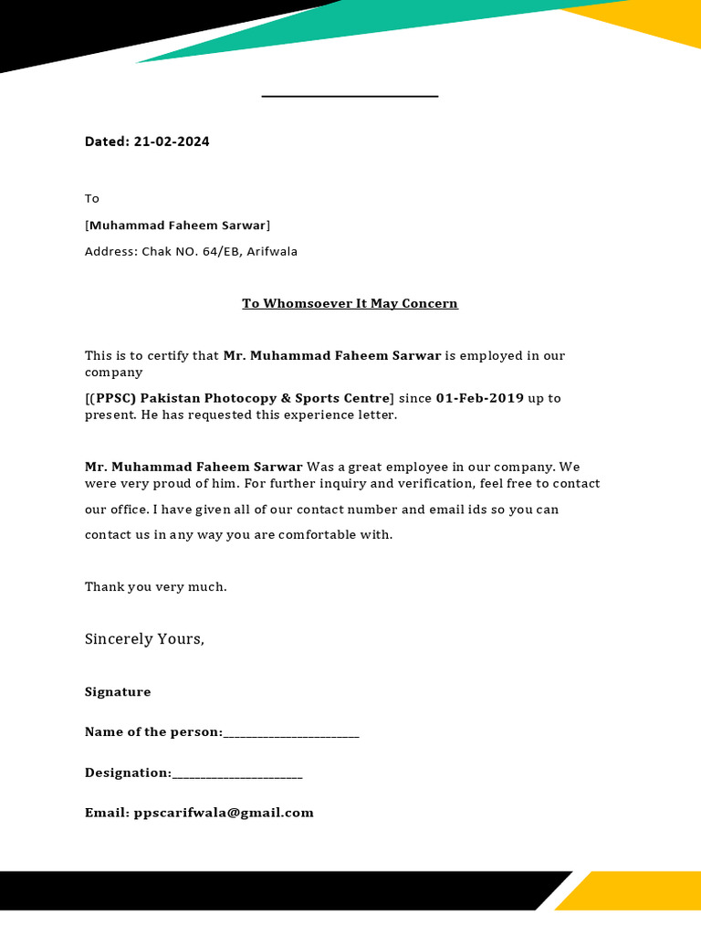 Employment Experience Certificate for Muhammad Faheem Sarwar | PDF