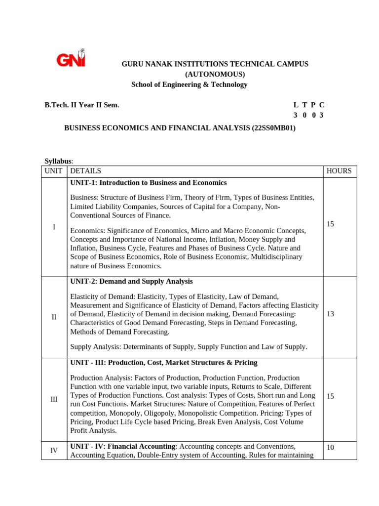 Business Economics & Financial Analysis Syllabus | PDF | Debits And ...